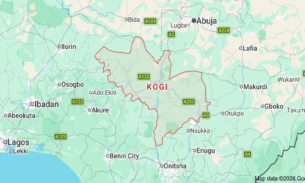 Map of Kogi State showing the location of the school attack where gunmen abducted a principal, students and a NECO official.