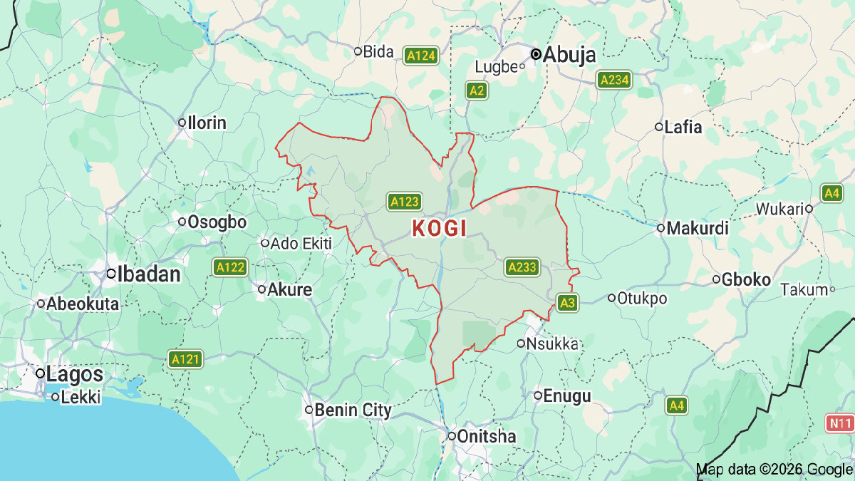 Map of Kogi State showing the location of the school attack where gunmen abducted a principal, students and a NECO official.